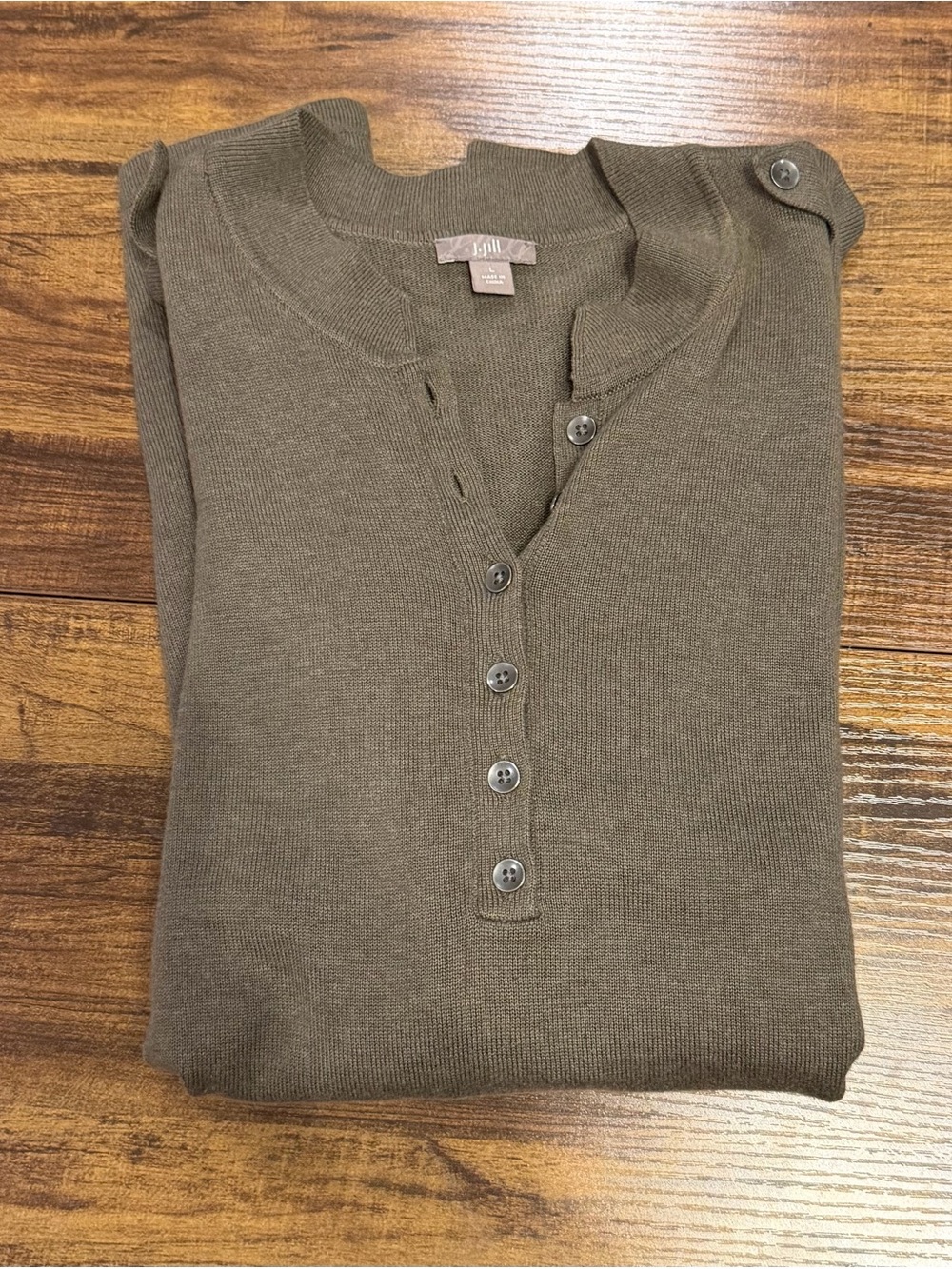 J. Jill Military Green Long-Sleeve Henley with Epaulet Details Soft Silk Blend